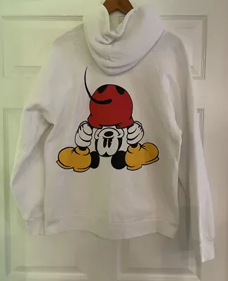 VTG Disney Adult White Upside Down Mickey & Co Mouse Hoodie Sweatshirt Sz Medium • $19.99