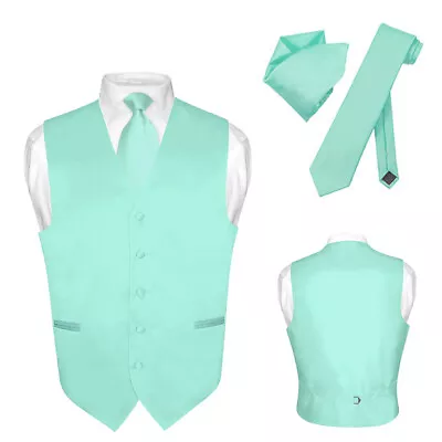 Men's Dress Vest NeckTie Hanky AQUA GREEN Color Neck Tie Set For Suit Tuxedo XL • $24.95