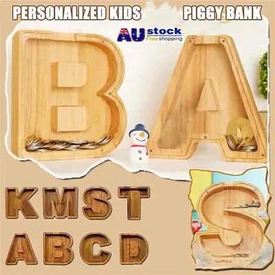 Wooden Piggy Bank Funny Letter/Guitar Coin Saving Money Box Kids Adults Gift AU • $8.99