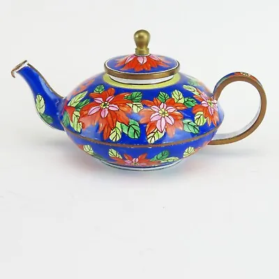 KELVIN CHEN Miniature Teapot Enameled Copper Poinsettias & Gift Bow 2000 No. 198 • $49.95