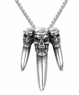 New Mens Gothic Biker Skull Elephant Tooth Pendant Necklace Stainless Steel • $10.88