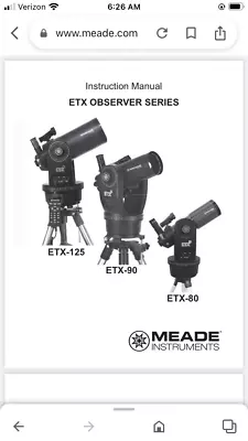 Meade ETX 125/90/80 Telescope (65 Page) INSTRUCTION MANUAL - FREE SHIPPING • $12.95