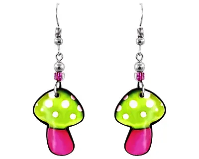 Neon Mushroom Earrings Magic Fungi Toadstool Psychedelic Art Green Pink Jewelry • $13.99