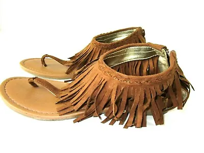 $18 • Buy JUSTICE Brown Ankle Fringe Flat Sandals Back Zip Fashion SHOES Size 6 Super Cute