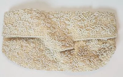 Vintage White Beige Pearl Beaded Evening Bag Purse Clutch Handmade In Hong Kong • $14.99