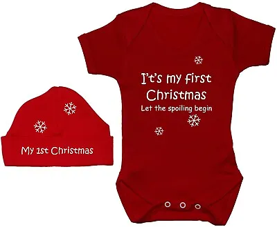 My First Christmas Let The Spoiling... Baby Grow Bodysuit & Beanie Hat Cap Xmas • £10.99