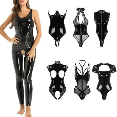 £21.42 • Buy Women Wet Look Leather Leotard Sexy Crotchless Bodysuit Catsuit  Lingerie Cuples