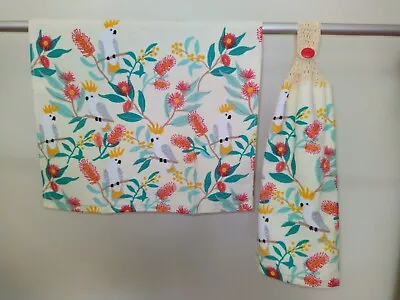 2 Double Thickness Terry Hand Towels Towel Set 1 Button Top Towel Cute Cockatoos • $18.95