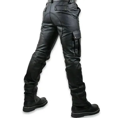 Men's Real Leather Black Cargo Pants Soft Trousers Biker Fit Fetish Club Wear • £24.99