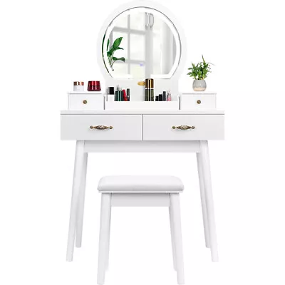 Dressing Table Makeup Vanity Table Set W/ 3-Color Dimmable Lighted Mirror Stool • $109.99