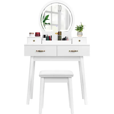 Vanity Table Set Makeup Dressing Table W/ 3-Color Dimmable Lighted Mirror Stool • $109.99