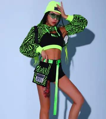 Green Stripes Hip-Hop Street Dance Outfit Set Stage Costume Rave Zebra Dancewear • $135.36