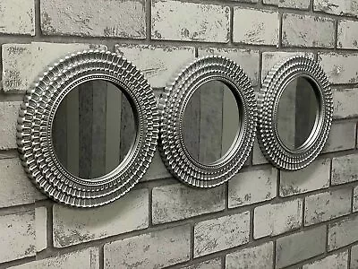 Set Of 3 Silver Moroccan Style Art Deco Round Wall Mounted Mirror Home Decor • £10.99