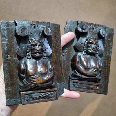 £95 • Buy Pair Of 17th.century Carved Oak Caryatids Corbel Panels, Church Fragments.c.1680