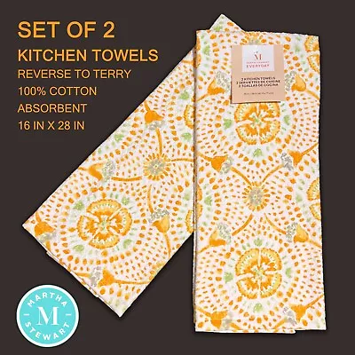 SET OF 2 New Martha Stewart EVERYDAY Reverse Terry Kitchen Towels Orange Floral • $15.99