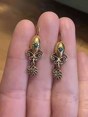 14k Solid Yellow Gold Vintage Turquoise Drop Earrings • $310