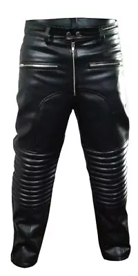 Mens Zipper Jeans Padded Trousers Black Leather Motorcycle Biker Style Pants • $109.99