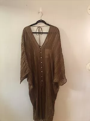 Zara Brown With Gold Metallic Crinkle Chiffon Caftan Size M NWT • $29.99