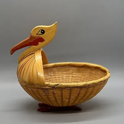 Vintage Shanghai Zhejiang Handicrafts Woven Bamboo Wicker Basket Stork Bird RARE • $8