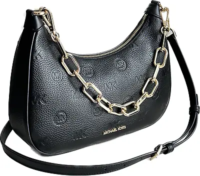 Michael Kors Cora Large Pouchette Chain Crossbody Bag MK Embossed Leather Black • $99.88