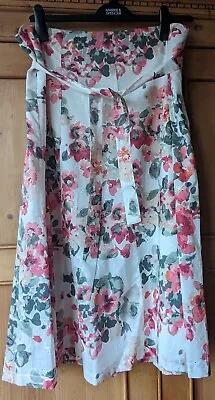 M&S Classic Pretty Floral A Line Cotton Skirt Lined Belt Zip Size 16. • £2