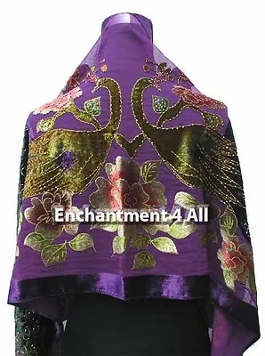 Stunning Beaded Silk Velvet Peacock Scarf Shawl Purple • $27.99