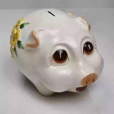 Vintage Ceramic Brown Pig Piggy Bank Embossed Yellow Floral Designs Hand Painted • $14.99