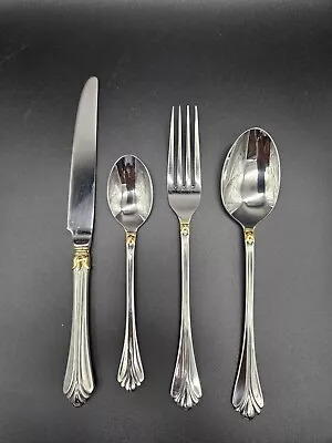 Mikasa Lyons 4 Piece Place Set 18-8 Cathedral Gold Stainless Flatware Japan Rare • $49.99