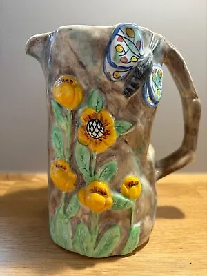 E Radford Butterfly Flower Majolica Ware Jug Pitcher Hand Painted Art Deco Vase • £22.50