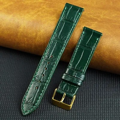 $19.94 • Buy Real Green Flat Leather Watch Band Alligator Crocodile Watch Strap Gold Buckle