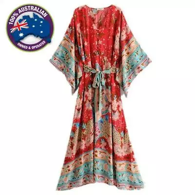 Vintage Red Blue Floral Bat Sleeve Boho Kimono Waist Tie V-Neck Long Maxi Dress • $50.59