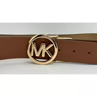 Michael Kors Belt Brown British Tan Leather Signature MK Logo Gold Buckle • $18.95