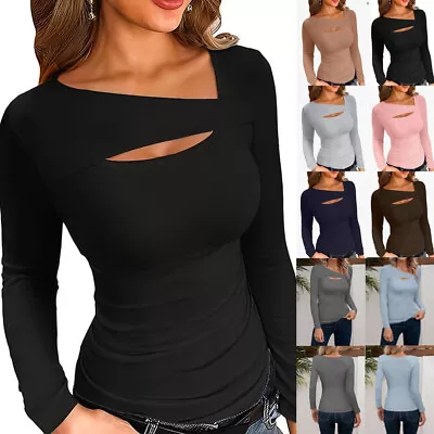 Ladies Stretch Long Sleeve Sexy Cut Out Tops Summer Shirts Blouse Solid Tee SIZE • £13.19