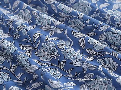 Indian Hand Block Printed Cotton Fabric Blue Floral Craft Voile Fabric By 5 Yard • $107.99