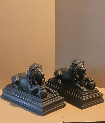 A PAIR OF VINTAGE RESIN LIONS RIGHT PAWS ON BALLS BOOKENDS/SCULPTURES 8x8x12 ... • $90
