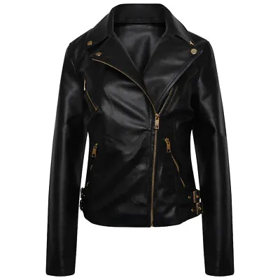 £16.99 • Buy Women's Black & Gold Leather Look Biker Jacket (PU, Faux Leather)