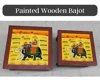 Wooden Bajot For Puja Hand Painted Chowki Low Sitting Stool India Low Foot Stool • $93.99