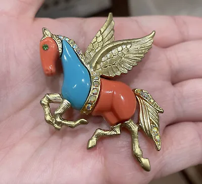 Vintage Hattie Carnegie Pegasus Horse Pin Brooch 1960's Turquoise And Coral  • $85