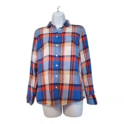 J Crew Perfect Fit Womans PS Button Up Blue Orange White Plaid Shirt • $16.10