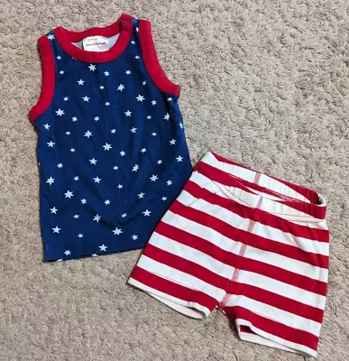 Hanna Andersson Stars Stripes USA Flag Patriotic Pajama Short Set Sz 80 85 2 2T • $13.49