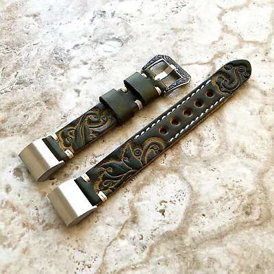 $75.67 • Buy Green And Yellow Embossed Handmade Leather Watch Band Strap For Fitbit Charge 2