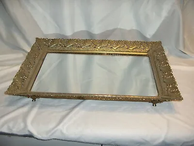 Vintage Gold Fern Filigree Mirror Large Rectangle Footed Vanity Cosmetic Tray • $75