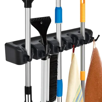 Broom Holder And Garage Garden Tool Organizer 6 Hooks 5 Slots For Rake Mop Wall • £6.73