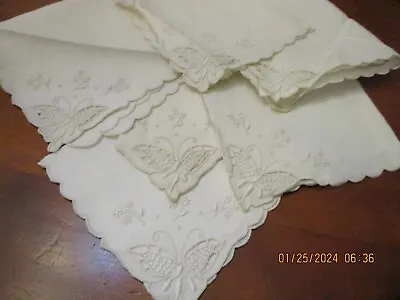 6 Vintage Madeira Embroidered Cut Work Linen White Tea Napkins Butterflies 11  • $19.99