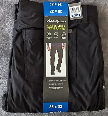 Eddie Bauer Men's Fleece Lined Tech Pants 36x32 BLACK Cargo UPF 50 2 Way Stretch • $21.47