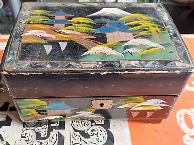 Vintage Chinese Musical Jewellery Box Black Wood. Hand Painted. Mid Century. • £4.99