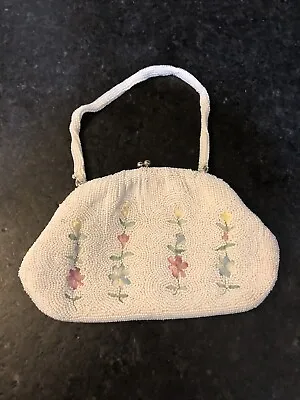 Vintage Magid White Floral Beaded Clutch Evening Purse Pastel Flower Kiss Clasp • $20