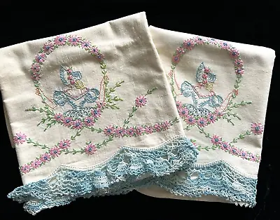 2 Vintage Southern Belle Pillowcases Hand Crocheted Embroidered Lace Skirt Blue • $29.99