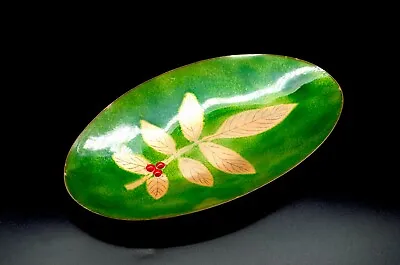 Vintage Green Enamel Over Copper Oval Trinket Dish Leaves Berries Signed MM ’76 • $18