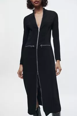 ZARA ZW Collection Black Midi Dress With Zip Front. L UK 12 Zip Pockets Sexy £90 • £32.99